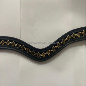 Banda de ceja de caballo de cuero de canal vacío en forma de onda de alta calidad en cuero genuino negro con Bling dorado y cadena de diamantes - Product Image 2