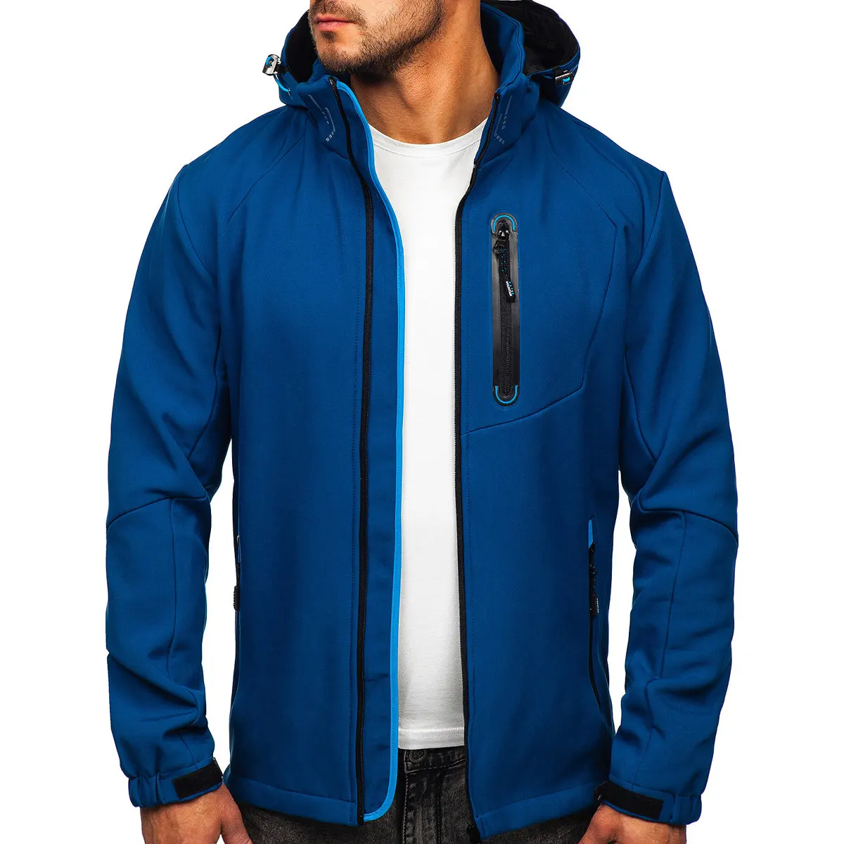 2021 Herren Soft shell Jacke Marineblau Mit abnehmbarer und verstellbarer Kapuze mit 2D-Regelung