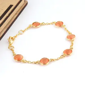 Zeva jewels design gold plated bezel set 8mm round faceted orange cats eye link cable chain bracelet with lobster clasp for her