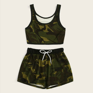 Haut court et short cycliste pour femmes, ensemble motif camouflage, disponible en grande taille, prix de gros - Product Image 3