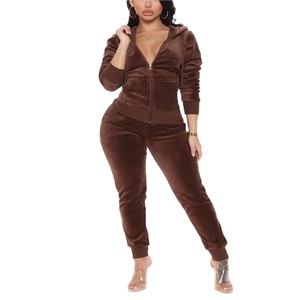 Custom logo women's ribbed hem <b>long</b> sleeved zipper hoodie with <b>matching</b> joggers pants - Product Image 1