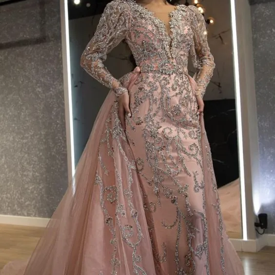 BABY PINK EVENING DRESS WITH COLORFUL EMBROIDERY OF DABKA, CRYSTAL GLASS BEADS,GLASS STONE WORK FOR PARTY-WEAR @ 2022