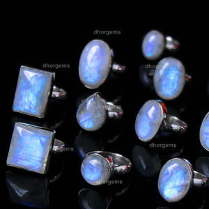 Colgante de Piedra Lunar de Fuego Azul, anillo de silicona para pene, 14k, juego de anillo de piedra lunar de oro, anillo de cristal de cabujón, Gema ajustable de plata 92,5 - Product Image 5