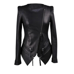 Veste à fermeture éclair, tenue décontractée, de couleur noir, peau d'agneau véritable, pour femmes, à la mode, taille péplum, toutes les couleurs - Product Image 1