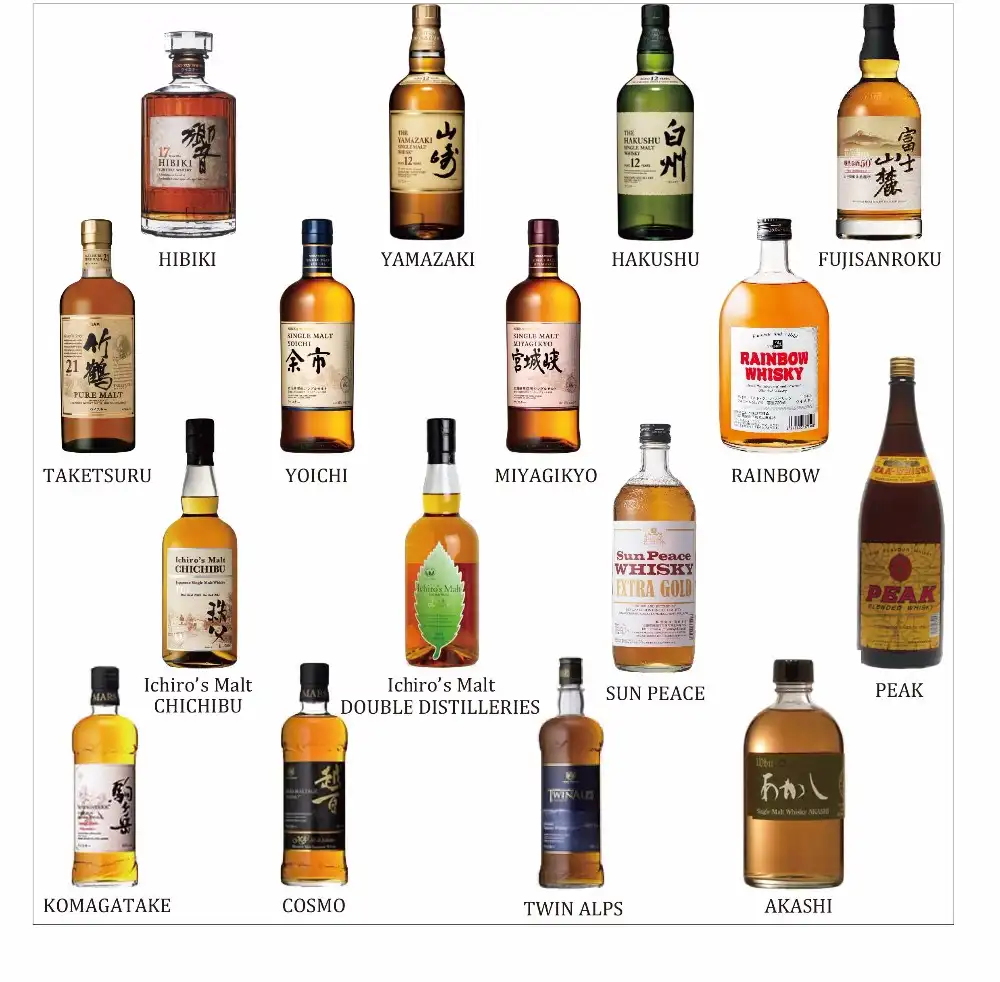 Geniş flavorful japon viskisi, diğer alkollü alkol de mevcuttur
