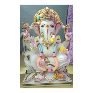 Ganesha sentado en el loto, mármol blanco antiguo colorido Murti de Dios - Product Image 1