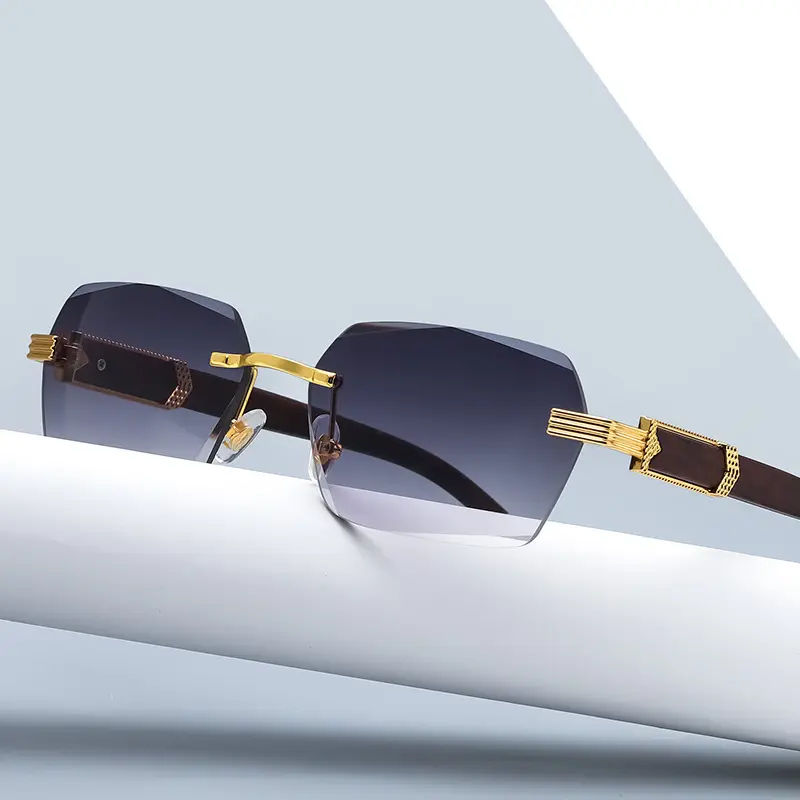 Fashion Brand Diamond Cut Rimless Sunglasses Luxury Square Sunglasses Men Wood Color Small Women Shade Sunglasses 2022