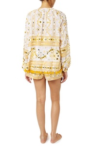 Robe d'été courte pour adulte, style bohème, col rond, en organza brodé, avec bordure à pompons, broderie miroir, imprimé floral, manches bouffantes, coupe ample - Product Image 2