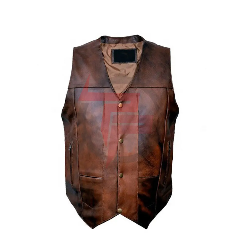 Low MOQ Best Price Distressed Leather Vests for men Motorcycle vest Genuine leather vest