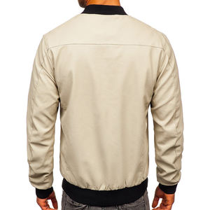 Chaqueta de bombardero de cuero de poliéster 100% personalizada para hombre, beige con cuello levantado acanalado, piel de vaca para el invierno - Product Image 4