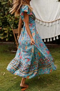 Verano de las mujeres Vintage Boho Maxi vestidos de cuello en V manga corta de fiesta de playa con estampado Floral de una línea vestido de verano - Product Image 5