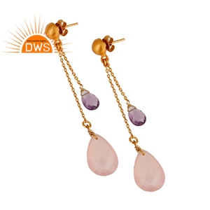 Canner — boucles d'oreilles en chaîne plaquée or 18k, améthyste Rose, calcédoine, bijoux indiens en argent, vente en gros - Product Image 3