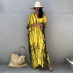 Venta al por mayor Vintage sólido patrón Tie Dye Kaftans India mujeres manga larga V escote bohemio largo algodón ropa para usar - Product Image 1