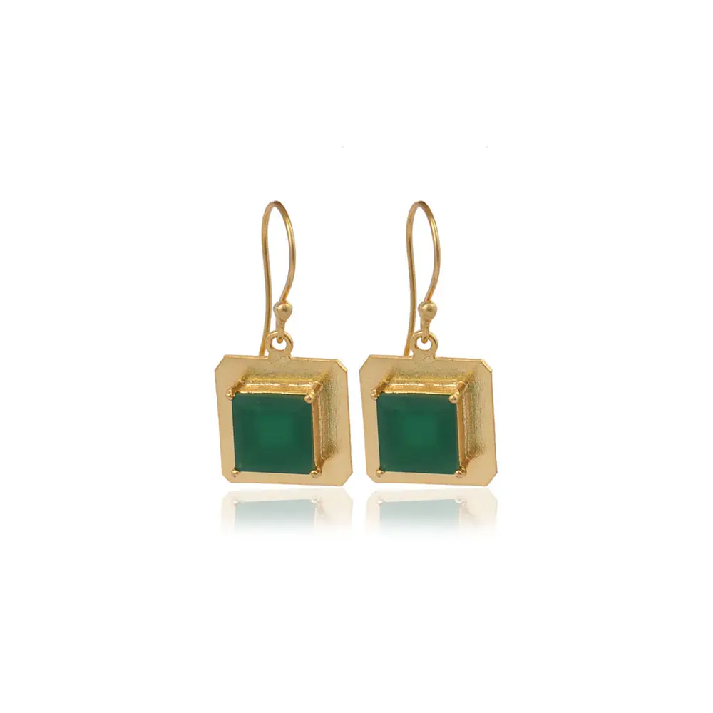 Gold Plated Brass Metal Hook Earring| Green Onyx Gemstone & Prong Setting Cushion Shape Stone Earring Jewellery Mode Joyas E-910
