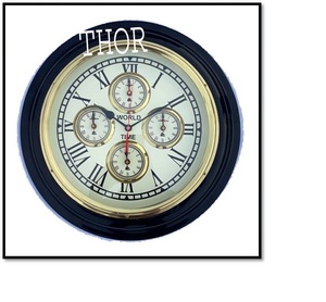 Horloge murale ronde en bois noir temps du monde salon décor à la maison - Product Image 1