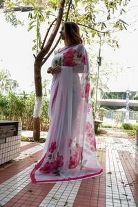 Bollywood Designer Saree Designer Miroir Travail Fleur Conception Doux Soie Tissu Impression Numérique Marron Couleur Sari avec Blouse Inde Vêtement - Product Image 6