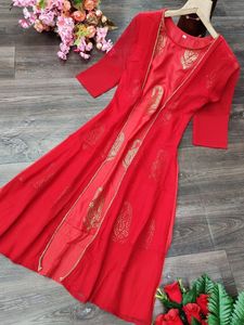 Venta al por mayor diseño listo algodón Kurti última moda rayón Anarkali vestido con chaqueta Dupatta precio bajo desgaste de fiesta indio señoras ApparelGarment - Product Image 5