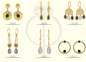 De cuarzo rosa de piedras preciosas de cuarzo rosa de Plata de Ley 925 de diseñador chapado en oro Stud pendientes - Product Image 4