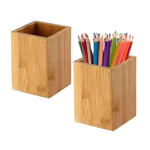 Large capacity 2-piece set of natural bamboo and wood desktop multipurpose pencil Office wood pen holder