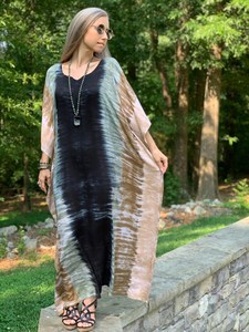 2021 nuevo bohemio Casual mujer Kaftan media manga bohemio multicolor Tie Dye vestido hasta el suelo cintura Natural tejida ropa de playa - Product Image 5