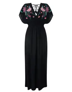 섹시한 핫 플러스 사이즈 편안한 아첨 맞춤 멋진 컬러 자수 비대칭 프린지 밑단 멋진 Sundress 맥시 드레스