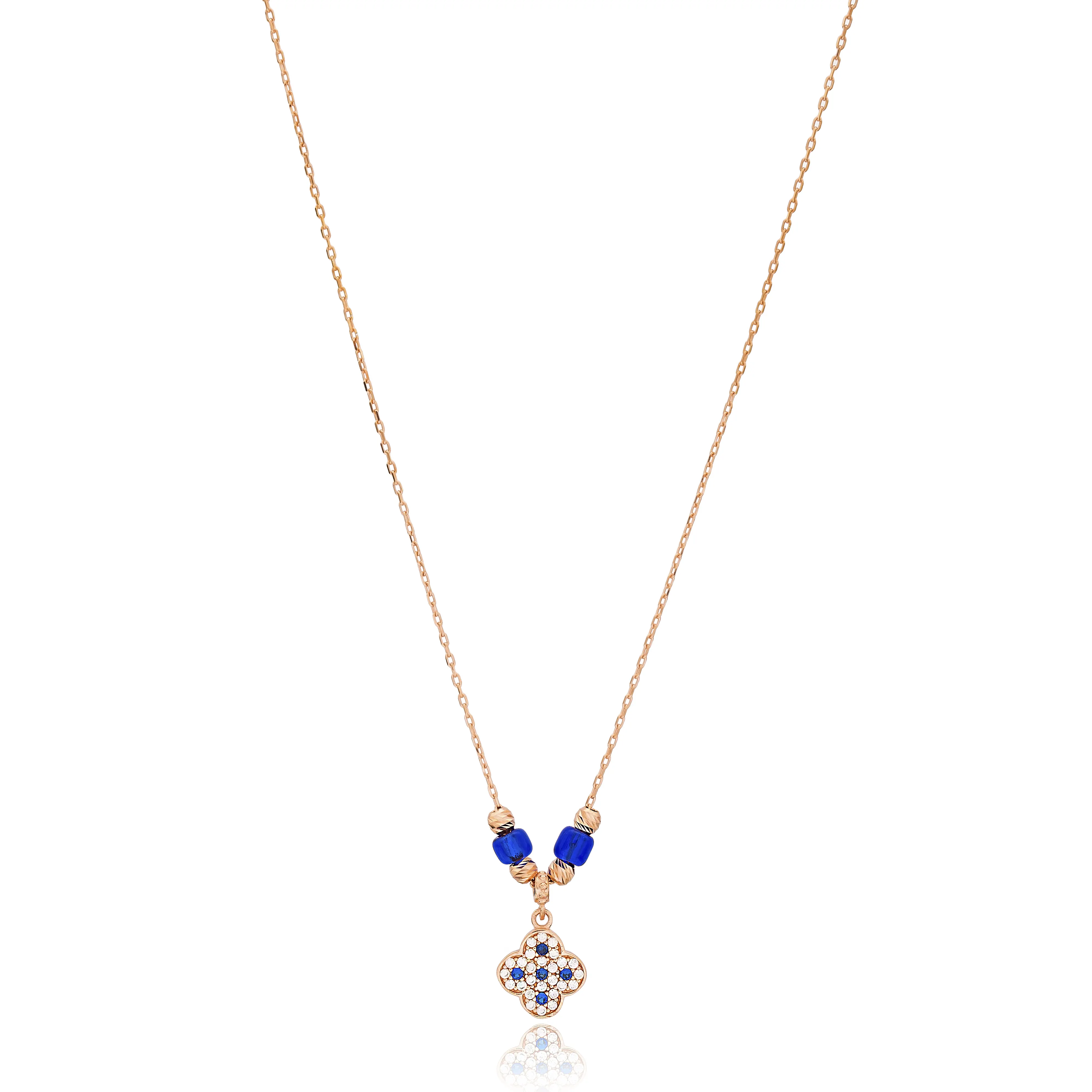 Tiny Clover Sapphire with Zircon Stone Beaded Charm Pendant Turkish Wholesale 925 Sterling Silver Jewelry