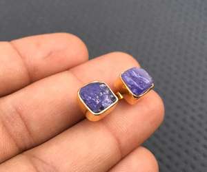 Pendiente de plata de ley 92,5 con forma cuadrada de tanzanita azul Natural, piedra preciosa sin procesar, esmalte de oro, joyería - Product Image 5