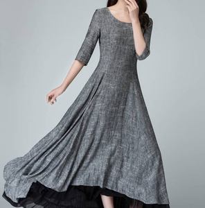 Vestido Maxi de Lino Gris para Mujer, con Forro de Algodón, Corte en A, Manga Corta, Sin Cuello, Dobladillo Asimétrico, Formal, Holgado, para Verano - Product Image 1