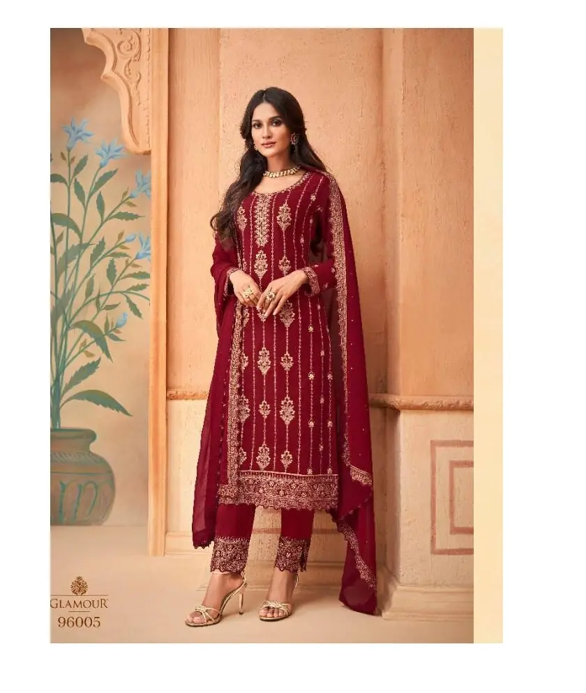 Heavy Faux Georgette with Embroidery Thread work with exclusive Sleeves and neack work with fancy bottom and dupatta