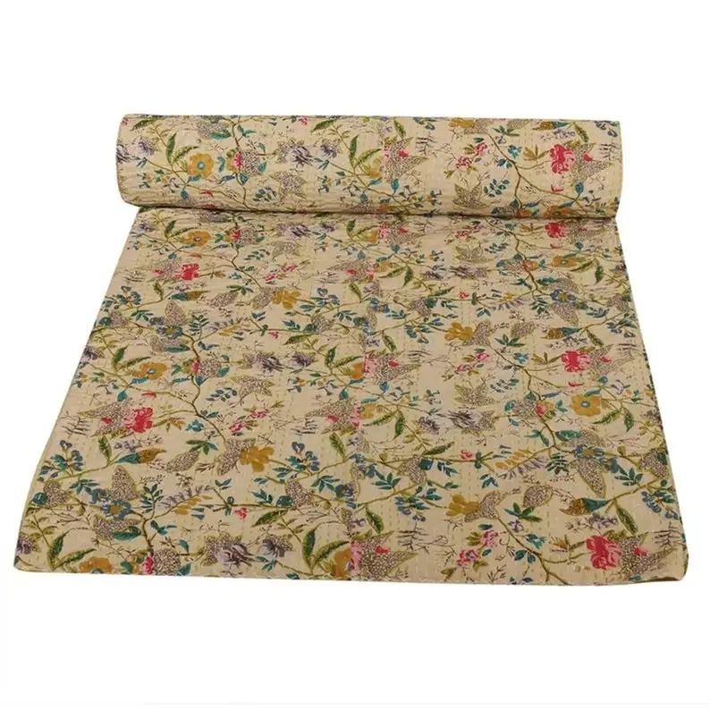 Indian Floral Print Beige Color Kantha Bedcover Bedding And Bedspread Kantha Throw Twin Size Kantha Quilt