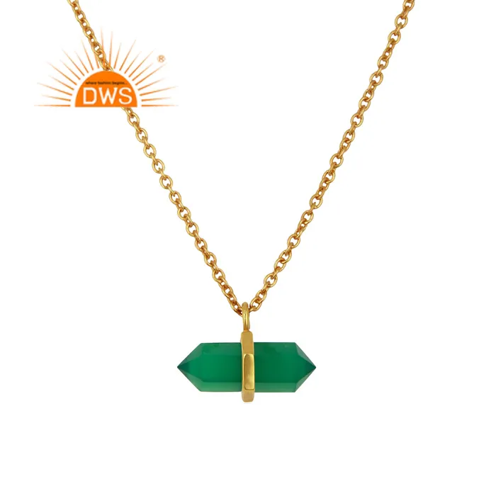 Pencil Cut Green Onyx Gemstone Necklace 18k Gold Plated Silver Jewelry Supplier Designer Silver Pendant Necklace
