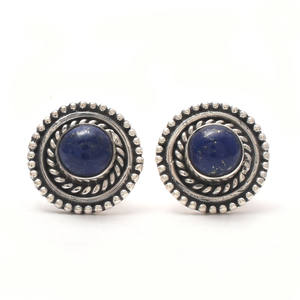 Pendientes de tuerca de piedras preciosas de lapislázuli de alto grado Natural de forma redonda, Plata de Ley 925, joyería de aniversario hecha a mano para mujer - Product Image 1