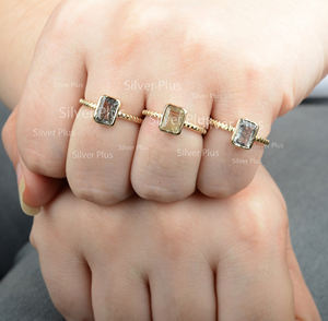 Anillo de compromiso de boda de oro amarillo de 14K al por mayor, piedras preciosas de cuarzo rutilo natural, forma de rectángulo sólido para aniversarios - Product Image 3