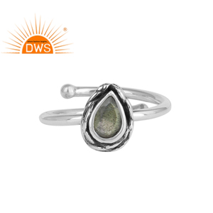 Pear Shaped Bezel Setting Oxidized <b>Adjustable</b> Women's 925 Sterling <b>Silver</b> <b>Ring</b> with Natural Labradorite Gemstone - Product Image 1