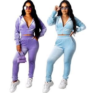 Survêtement en velours pour femmes, Logo personnalisé, élégant, 2 pièces, sweat à capuche, fermeture éclair, Jogging, nouvelle collection 2020 - Product Image 3