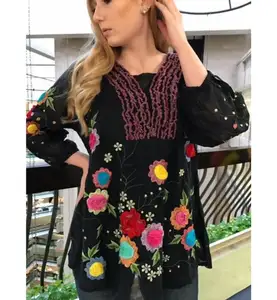 Summer Bohemian Black Tunic For Girls Hand Embroidered Floral Casual Tops Indian Wholesaler Manufacturer Dress