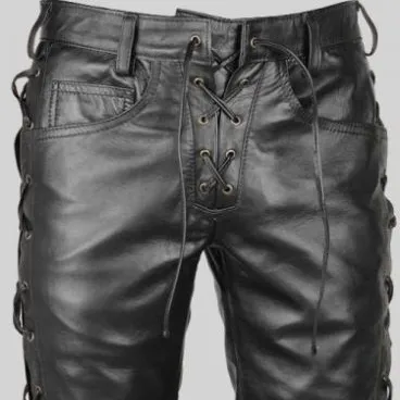 Mens Real Cowhide Leather Biker Pants/ Stylish Laces up Biker pants