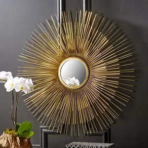 Espejo de pared con marco de Metal para decoración del hogar, colgante de gran belleza con forma redonda de alambre, dorado