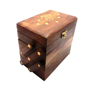 Kotak Kayu Antik Terlaris dengan Tatahan Kuningan Antik 3 Kompartemen Kotak Perhiasan Kayu Disesuaikan