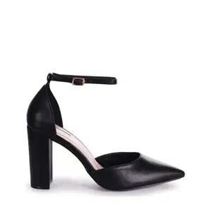 Top Quality Women New Stylish Ankle Strap Design High Heels Black Napa Court Shoes Ladies Block Heel Sandals