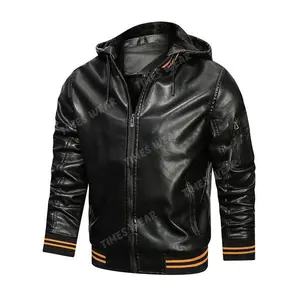 High Quality Customized fashion stylish motorbike Hooded Jacket Color Block Standard Casual Men's Leather Jacket with Hood