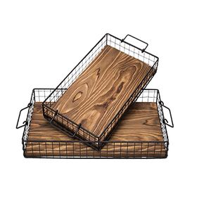 Juego de dos bandejas de té y café de diferentes tamaños, bandeja para servir postres de madera y hierro hecha a mano para uso doméstico - Product Image 1