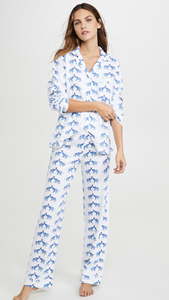 Women's White Blue <b>Crab</b> Print Cotton Pajama Set Long Sleeve V-Neck Loose Fit Summer Casual Wear - Product Image 2