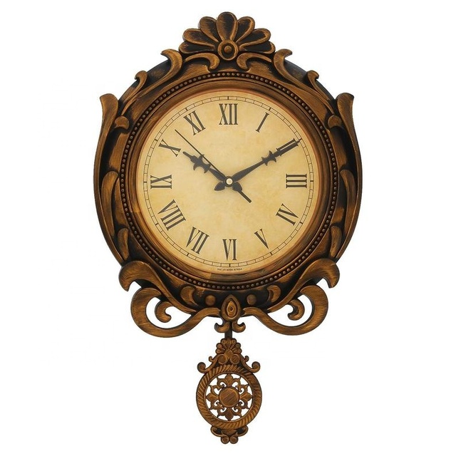 Traditional Wooden Pendulum Wall Clock With Roman Numerals And Ornate Carving