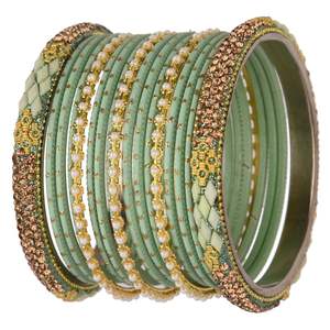 ชุดกำไลข้อมืออินเดีย ประดับคริสตัล CZ และลูกปัดมุกเทียม กำไลโลหะสำหรับผู้หญิง สีเขียวมิ้นท์ - Product Image 5