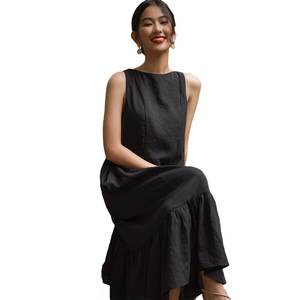 Vestido de mezcla de algodón informal y elegante para mujer, OEM, ajuste relajado escalonado, sin mangas, longitud media, parte inferior con volantes, hecho en Vietnam - Product Image 1