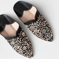 Babouche en cuir véritable marocain noir, style paleo chic, confortable, plate, pour intérieur/extérieur, pour femmes MA