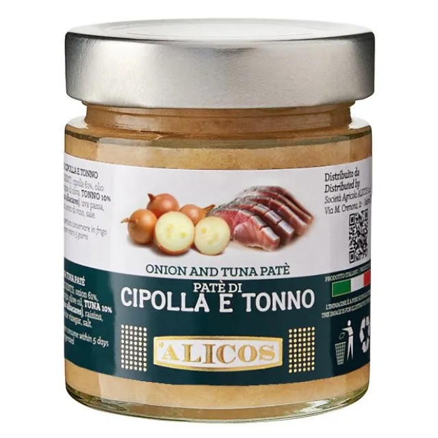 Made in Italy ready to eat salty and sweet preserved food jar 190 g onion and tuna pate for seasoning