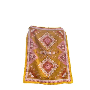 Gerecycled Katoen Boho Tapijt Jacquard Custom Geweven Deken Tapijt Picknick Deken Met Lederen Band