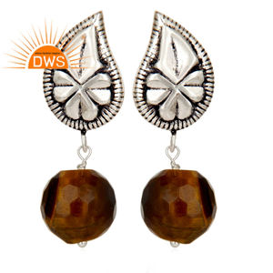 Oxidized Silver Plated Brass Fashion Earrings Jewelry Manufacturer Natural Tiger Eye Fancy Drop Earrings - Product Image 1